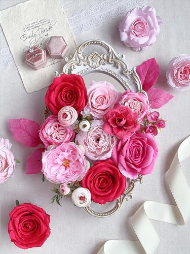 Pink Fake Roses Artificial Flowers Set for DIY Wedding Bouquets & Home Decor - Fuchsia Variation