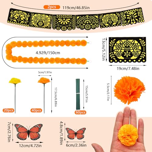 Day of the Dead Decorations Set with Marigold Garlands and Butterflies - 182 Pieces