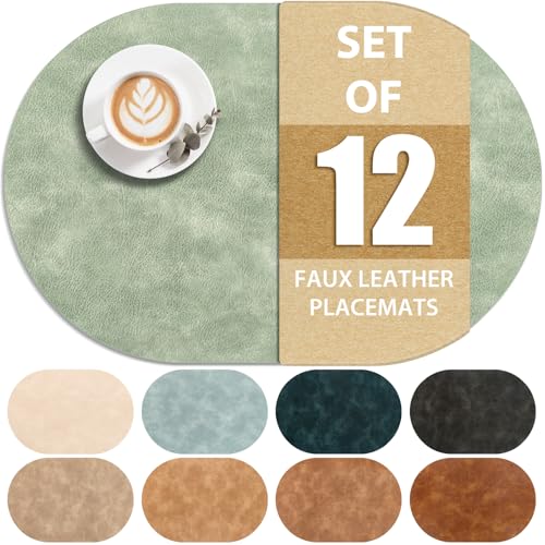 Oval Heat-Resistant Washable Placemats Set of 12 - Green, 12 x 17 Inches