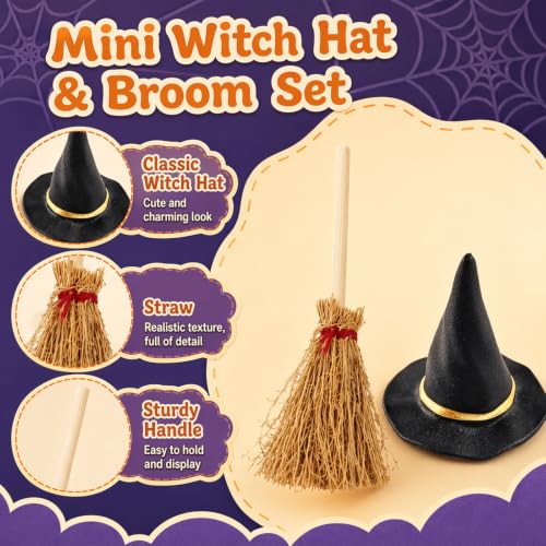 Mini Witch Hat and Broom Set for Halloween Decorations - 24PCS