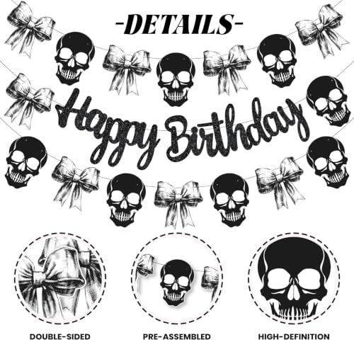 Gothic Birthday Banner Black Skull and Bow Spooky Party Decor