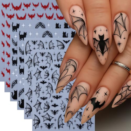 Halloween Bat & Cat Nail Art Stickers Set - Self-Adhesive 3D Horror Goth Decals for Nails - Dark Black & Red Glitter - Variation: Halloween Bat Cat