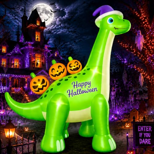 12FT Giant Halloween Inflatable Dinosaur with Pumpkins & Lights