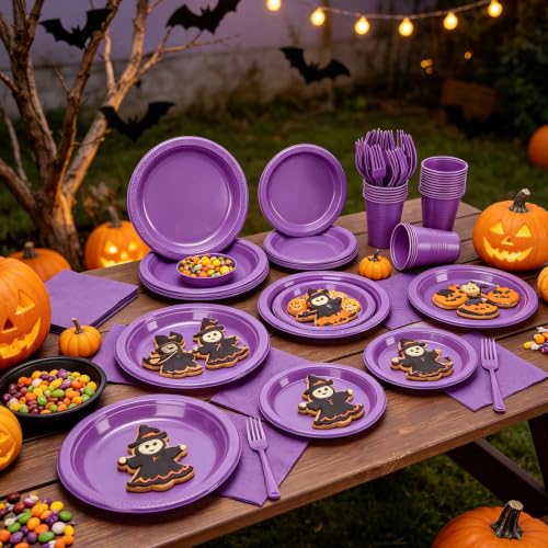 Purple Plastic Party Plates and Napkins Set for Birthday & Halloween - 50 Pack