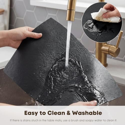 Black Faux Leather Placemats Set of 8 - 12x18 Inch Waterproof Reversible Table Mats
