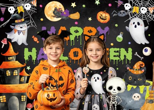Halloween Banner Backdrop 10x8FT Kid-Friendly Ghost Pumpkin Party Decor