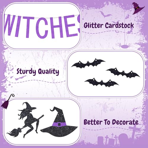 Halloween Drink Up Witches Banner & Bat Garland Set - Purple Glitter Party Decorations