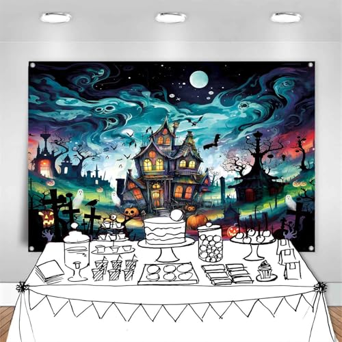 Halloween Backdrop 8x6ft Haunted Graveyard Photo Background for Kids - Black & Colorful