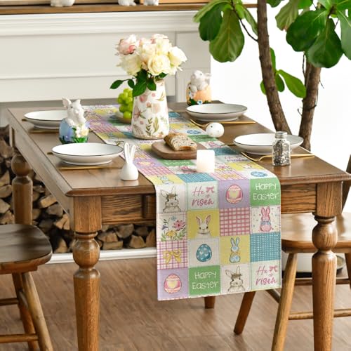 Easter Table Runner 13 x 90 Inch Plaid Bunny Rabbit Eggs Seasonal Decor Purple