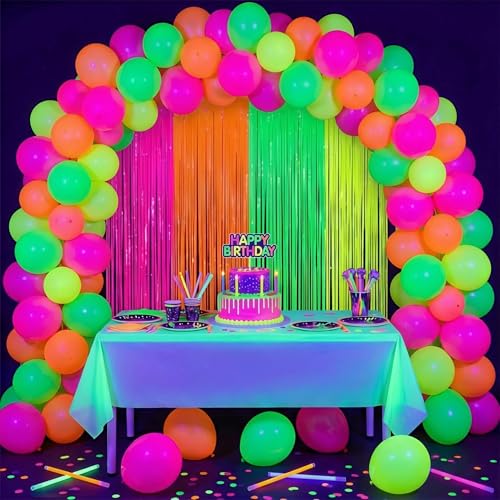 Neon Streamers Backdrop Party Supplies - Fluorescent Fringe Curtains Set