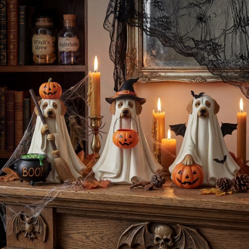 Halloween Ghost Dog Figurines Set - Cute 3-Piece Tabletop Decorations - Ghost Variation