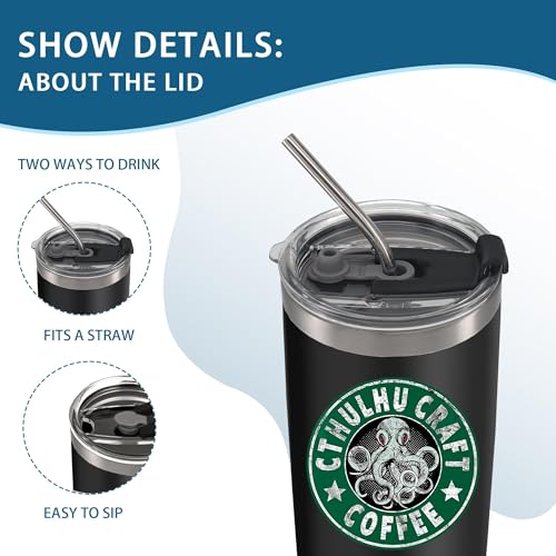Black 20oz Cthulhu Octopus Stainless Steel Tumbler with Lid - Unique Design