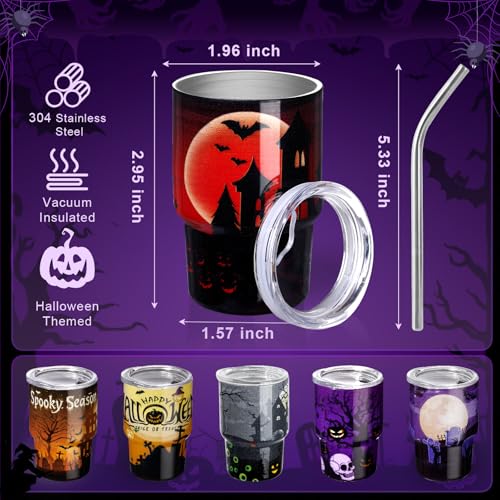 Halloween Shot Glasses Mini Tumblers with Straw & Lid - 6 Pack - Pumpkin Castle Variation