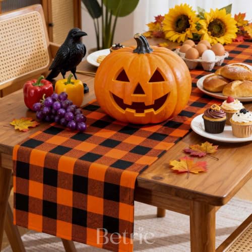 Halloween Table Runner 14x108 Inch - Buffalo Check Cotton Table Decor - Orange Black