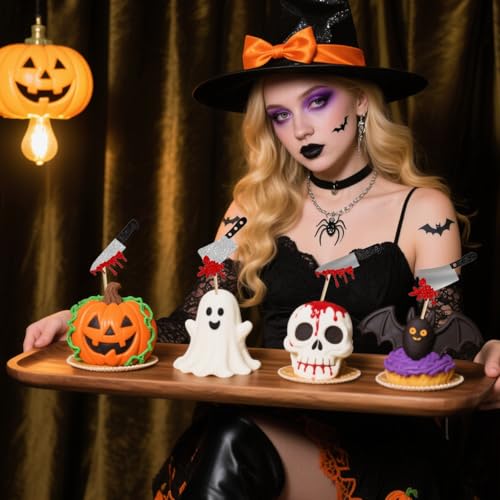 Halloween Cupcake Toppers with Bloodstained Knife Design - 24 Pcs Party Decorations
