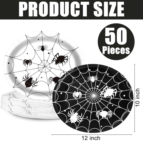 Halloween Spider Web Oval Paper Plates 10x12 Inches - Black & White Disposable Tableware - Spider Web Design - Variation: Spider Web
