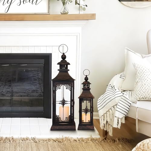 Outdoor & Indoor LED Lanterns with Flameless Candles - 23'' & 15'' Black Metal Decor, Timer Function