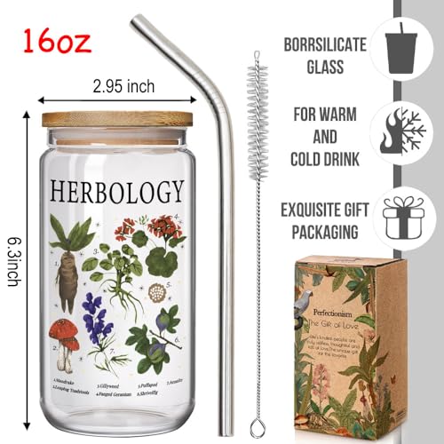 Herbology Witch Glass Cup - 16oz Magical Plant Themed Coffee Mug with Lid & Straw