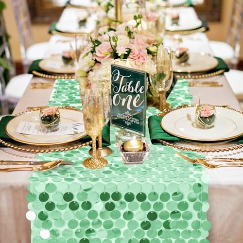 12x108 Inch Mint Green Sequin Table Runner - Premium Glitter Party Decor