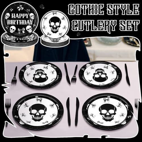 Gothic Halloween Birthday Party Tableware Set - Skeletons & Bows, 210 Pieces