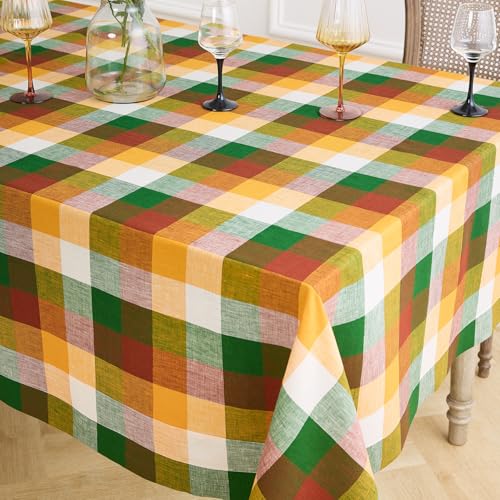 Fall Check Linen Tablecloth 60 x 144 Inches - Pure European Flax