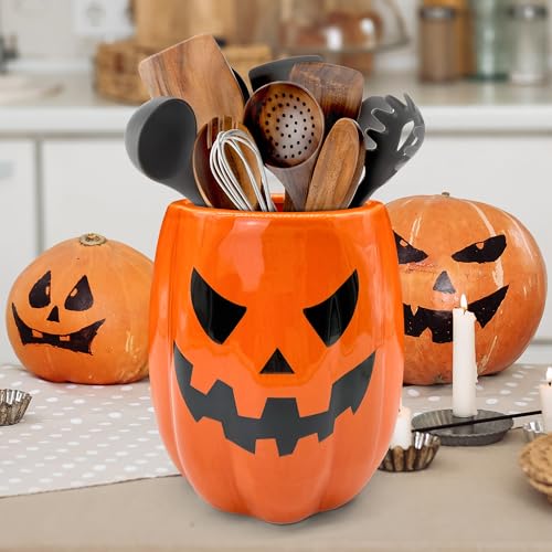 Halloween Ceramic Pumpkin Utensil Holder - Orange Halloween Kitchen Decor