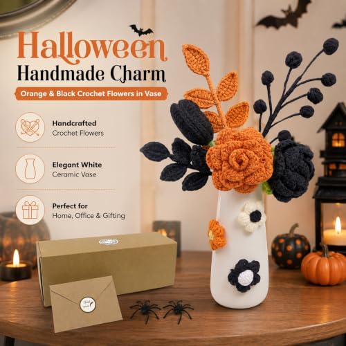 Halloween Crochet Flowers Bouquet with Vase - Black & Orange Handmade Fall Decor