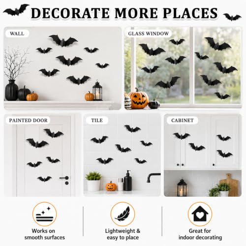 3D Bat Wall Decor Halloween Stickers - 140 Pieces, Realistic & Reusable