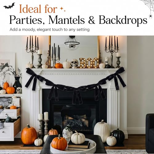 Black Velvet Garland with 5 Large Bows - 6 Ft Halloween Party Decor