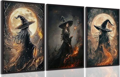Halloween Witch Canvas Wall Art Poster - 24x16 Inches Dark Gothic Decor