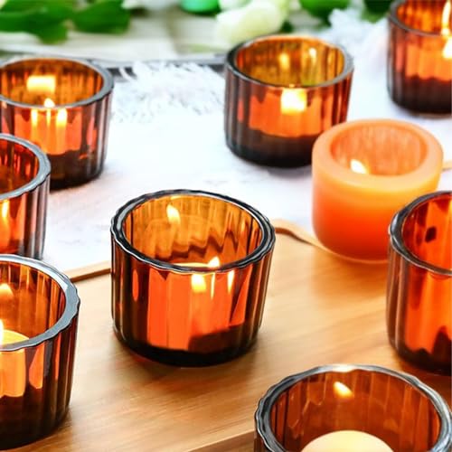 Amber Tealight Candle Holder Set of 24 - Thick Glass Votive & Party Decor
