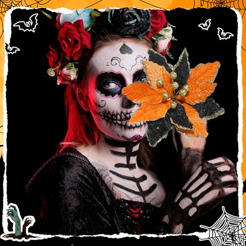 Halloween Black Orange Poinsettia Flowers - Velvet 8-Inch, Set of 8 - Variation of THIS listing