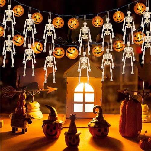 Mini Skeleton Figurines Set - 8 Plastic Halloween Decorations with Jute Rope