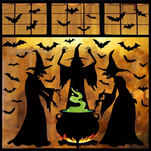 Halloween Witches Window Clings Set - Extra Large 3 Sheets, Reusable PVC Decor for Glass & Windows