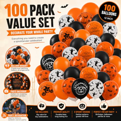 Halloween Foil Balloons Set - 100 Pack 12 Inch Orange Black Pumpkin Ghost Bat