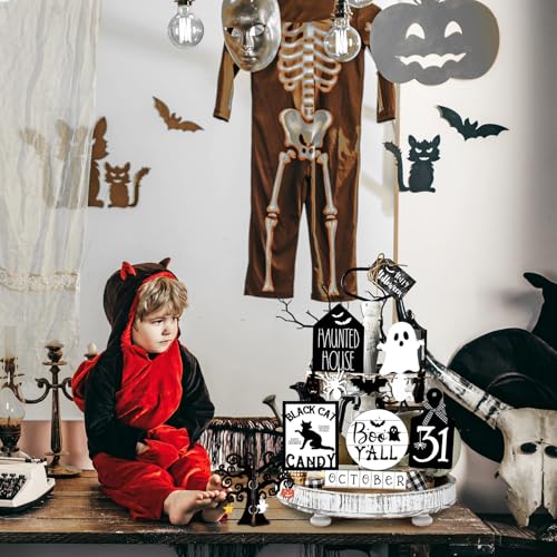 Halloween Tiered Tray Decor Set with Ghost and Bat Wooden Signs - 15 Pieces - Variation: Ghost Bat