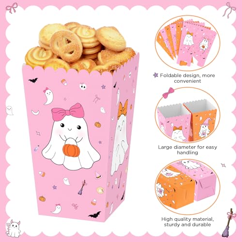 Halloween Popcorn Favor Boxes - Pink & Orange Ghost Theme, 24 Pack