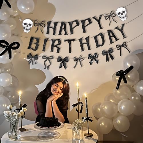 Gothic Black Bow Birthday Party Decorations Kit - Skeleton Banner & Garland