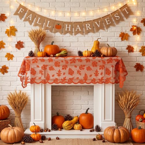 Fall Thanksgiving Leaves Lace Table Runner - 13x72 Inch, Orange, Fall Decor - Fall-1PCS