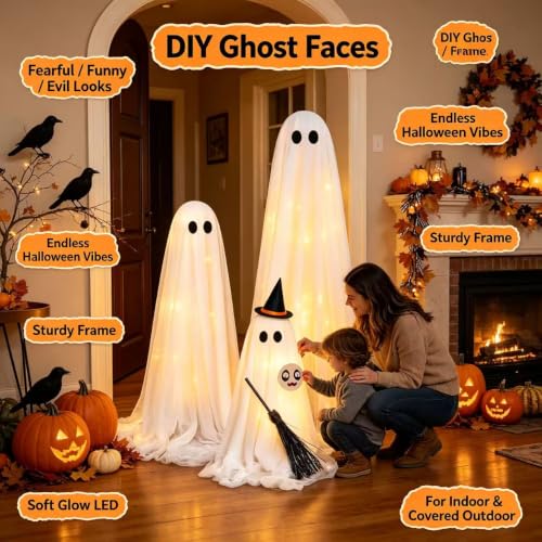 Halloween Ghost Decorations Lighted Indoor Outdoor Set - Adjustable Height Spooky Decor