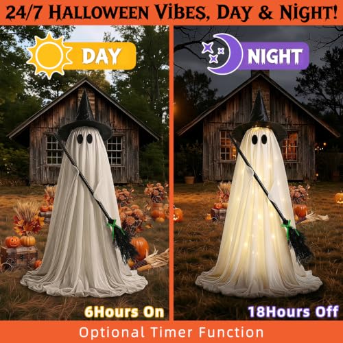 Outdoor Light Up Ghost with Witch Hat & Broom - 53 Inch Halloween Decor - White