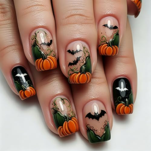 Halloween Press On Nails Short Square Pumpkin Fake Nails - Variation 014