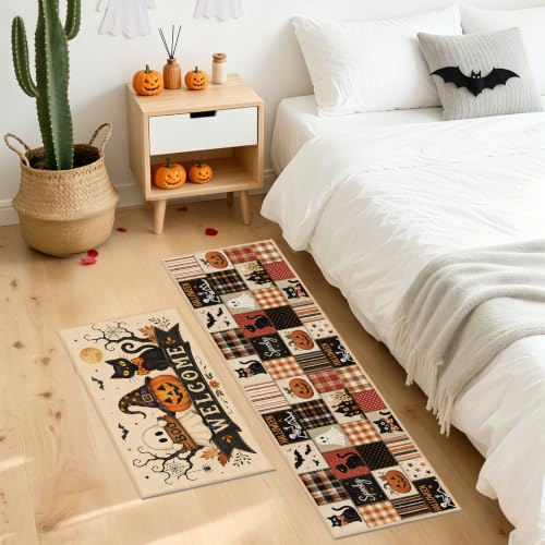 Halloween Patchwork Kitchen Rugs Set - Cat Ghost Pumpkin Floor Mats, 2 Pieces - Halloween Decor