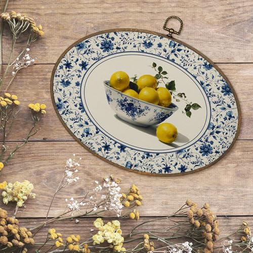 Oval Wall Art Decor - Chinoiserie Floral Lemon Design, 8.6x11.4 inches - Lemon-C Variation