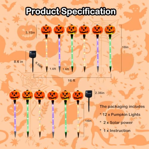 Solar Halloween Pumpkin Stake Lights 12-Pack Outdoor Waterproof String Lights with 8 Modes