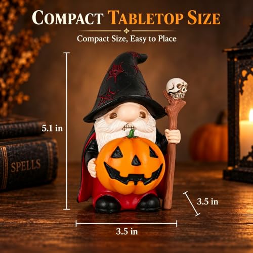 Halloween Gnome Figurine Resin Wizard with Skull Staff - Black Variation