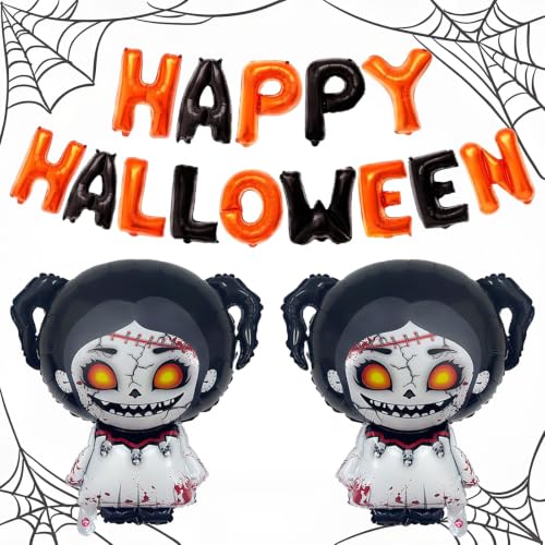 Halloween Party Decorations Skull Banner & Horror Doll Balloons Set