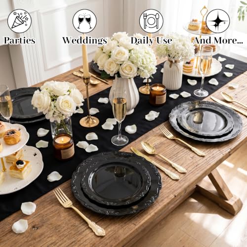 Black Plastic Dinnerware Set - 150Pcs Disposable Plates & Gold Cutlery for Party