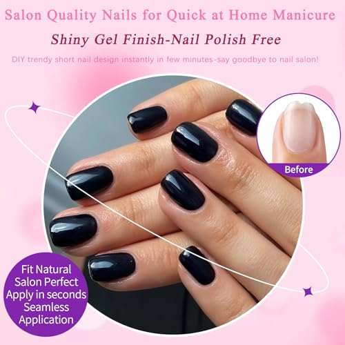 Black Short Square Press-On Nails Kit with Glue & Nail Tips - Reusable Fake Nails