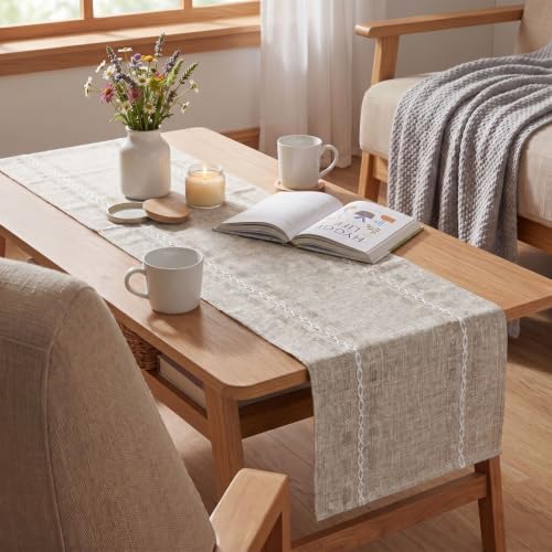 Brown Embroidered Farmhouse Table Runner - 13 x 108 Inch Rustic Kitchen Decor - Seasonal Home Dining Accessory